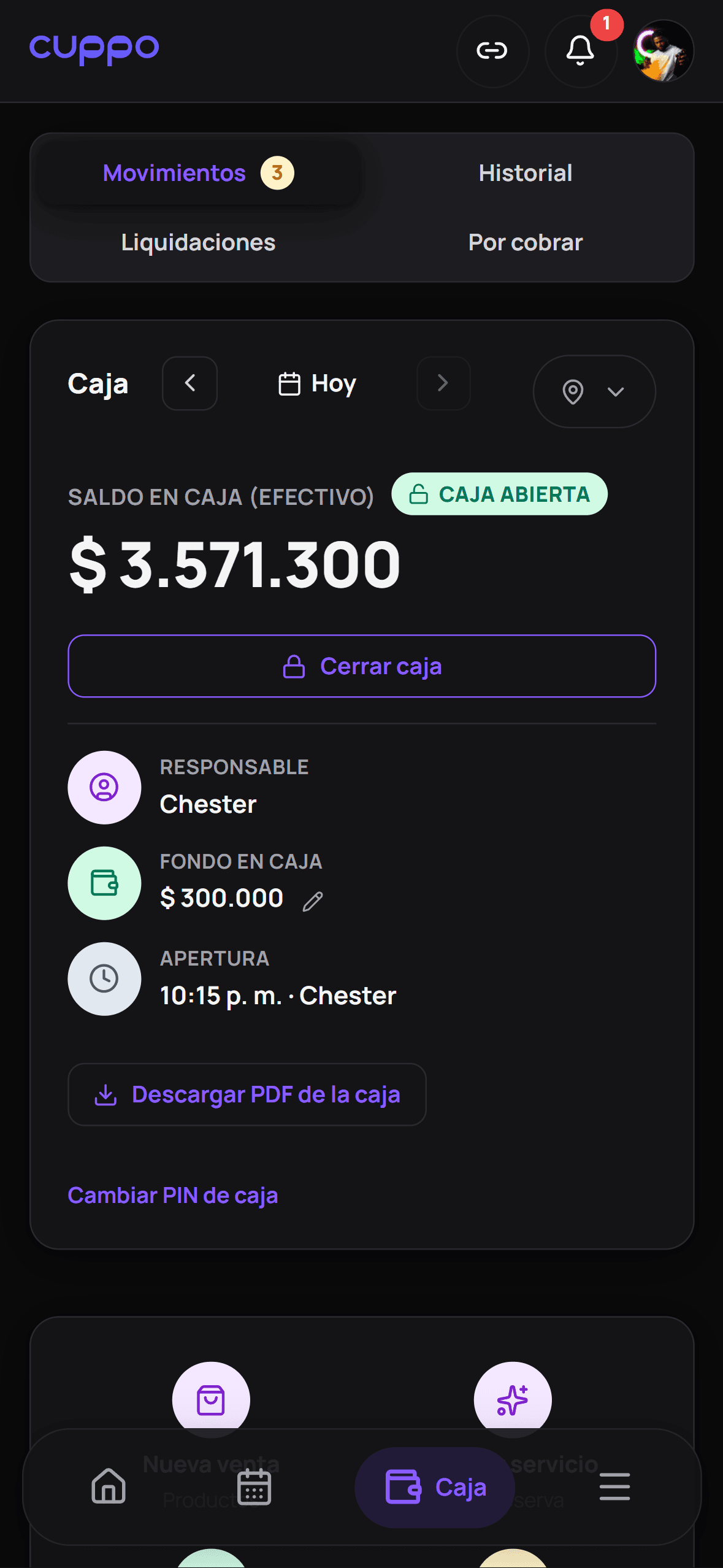 La caja de Cuppo en el teléfono: saldo en efectivo, responsable del turno y los movimientos del día.