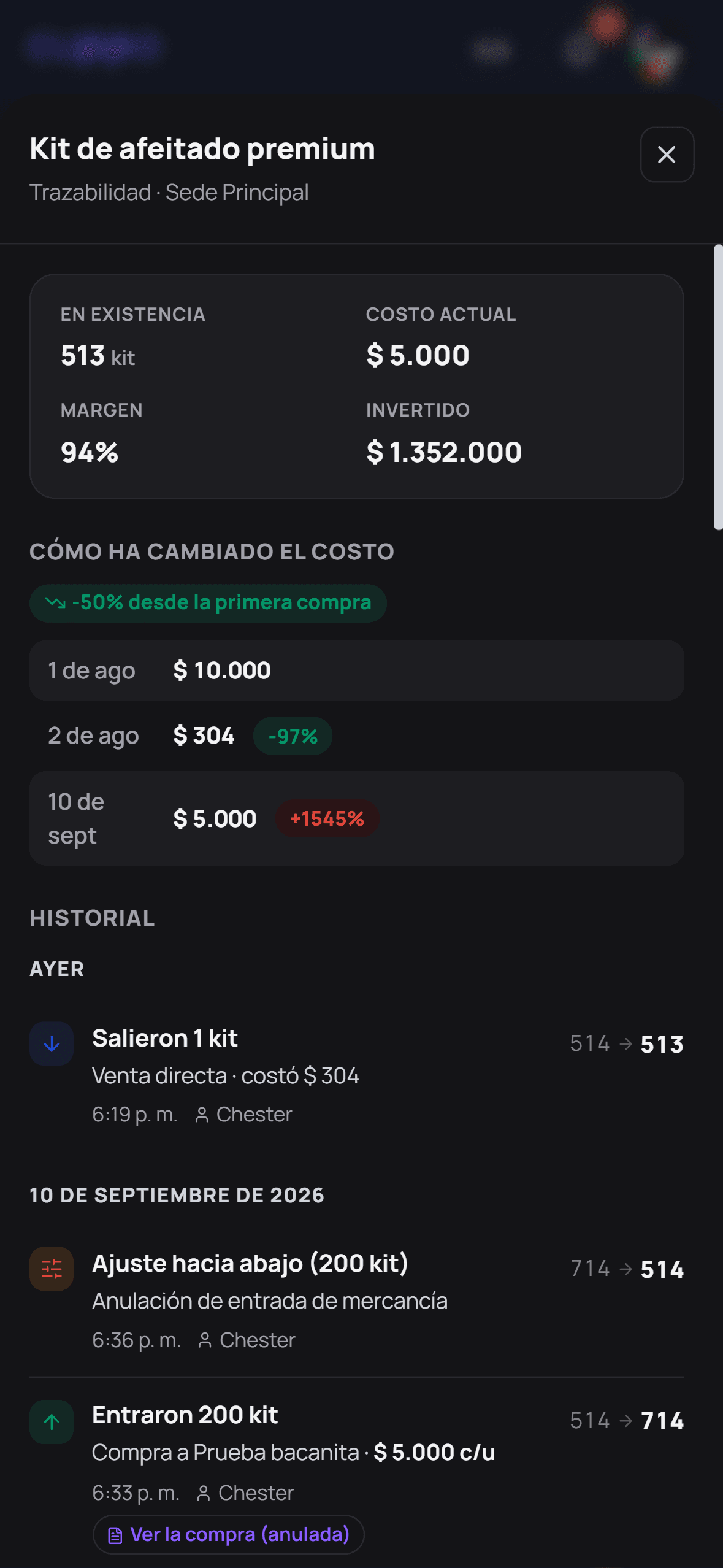 La ficha de trazabilidad de un producto: en existencia, costo actual, margen, cuánto llevas invertido, cómo ha cambiado el costo desde la primera compra y el historial de movimientos con quién y cuándo.