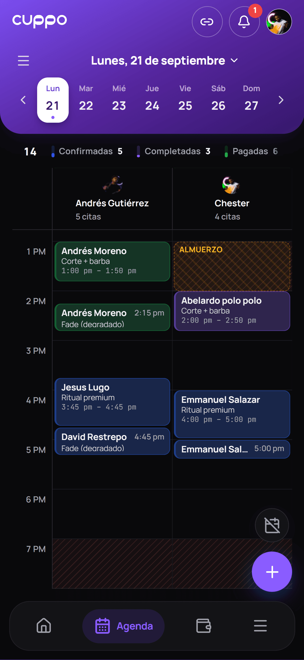 La misma agenda en el celular: el mismo lunes 21, con las citas de Andrés y Chester.